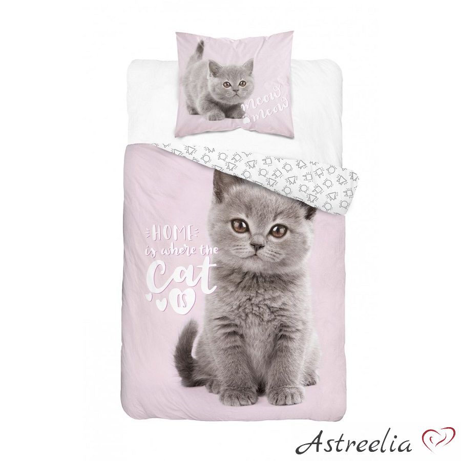 Kids "Home is where the Cat" Bedding Set in 100% Cotton - 140x200 cm