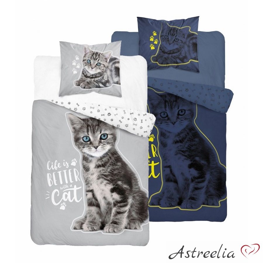 Kids' Glow-in-the-Dark "Live is Better with a Cat" Bedding Set in 100% Cotton - 140x200 cm
