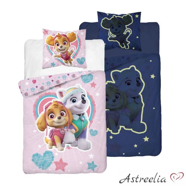 Paw Patrol 28DC Bright-patterned kids bedding set that glows in the dark, size 140x200 cm, at Astreelia online store.