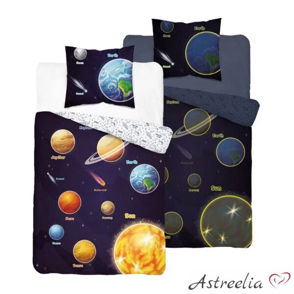 "Planets of Space" glowing bedding set, 100% cotton, size 140x200 cm.