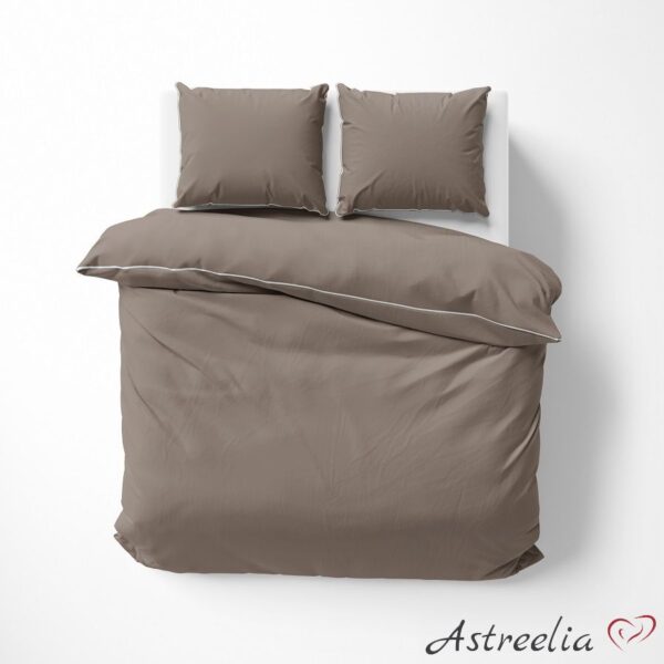 Taupe Mako-satin bedding, 100% cotton.