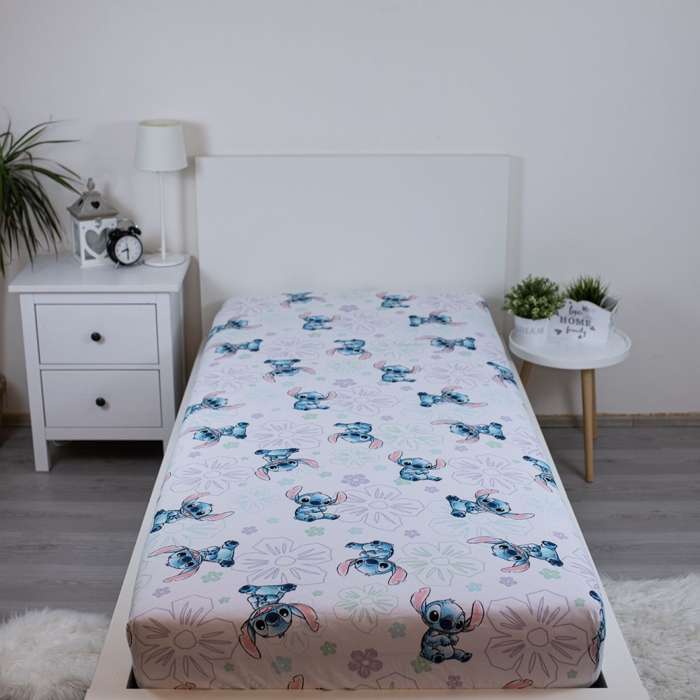 Cotton Fitted Sheet 90×200 cm. - Lilo and Stitch Ohana White - Image 2