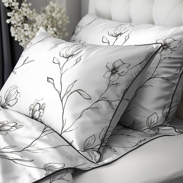White bedding with black floral-embroidered pillowcase patterns on a bed.