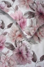 Large pink peonies with gray leaves on white background, a decorative floral pattern.