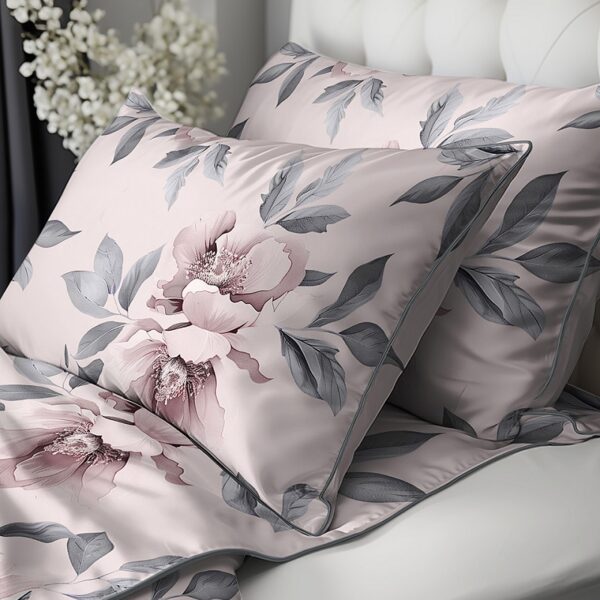 Soft pink floral bed linens with matching pillows on a white upholstered headboard, creating a cozy bedroom scene in pastel tones.