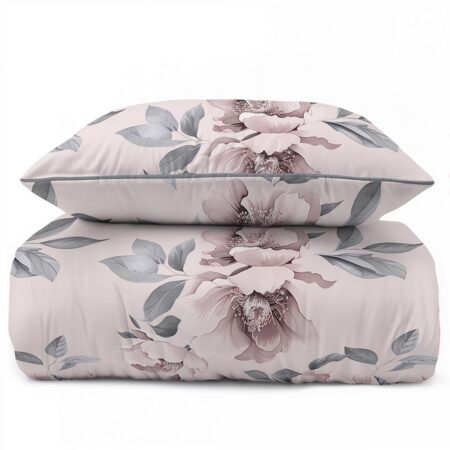 Duvet cover and two pillow cases with a pink floral pattern on a pale pink background.
