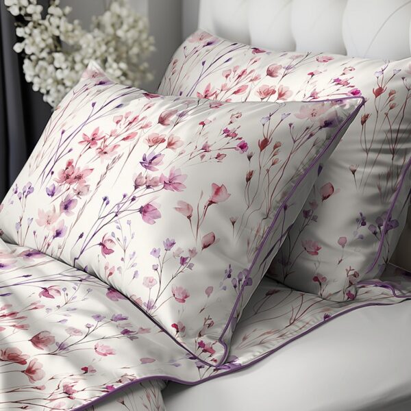 White bedding set with lavender-pink floral print and purple piping on two matching pillows resting on a tufted white headboard.