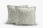 Two beige decorative pillows with a blue floral pattern and blue piping, leaning together on a white background