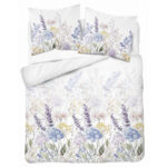White bed dressed with a pastel floral duvet cover and matching pillow shams featuring lavender and hydrangea blossoms.