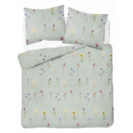 Light gray-green duvet cover and matching pillowcases with scattered pastel wildflowers on a bed set.