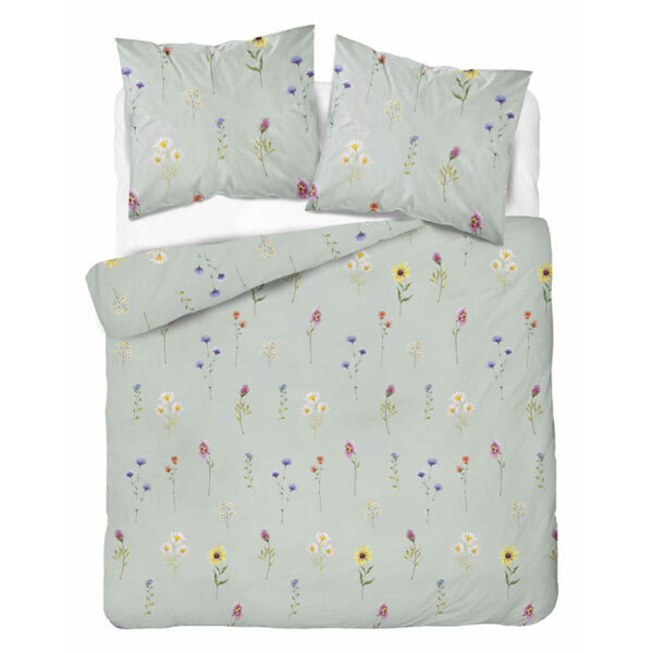Light gray-green duvet cover and matching pillowcases with scattered pastel wildflowers on a bed set.