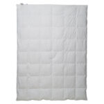 White quilted comforter laid flat on a white background, showing square stitching patterns