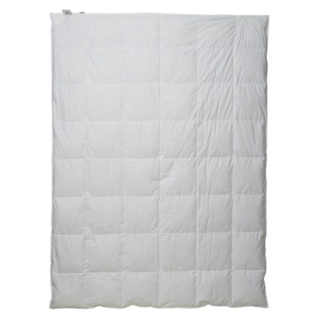 White quilted comforter laid flat on a white background, showing square stitching patterns