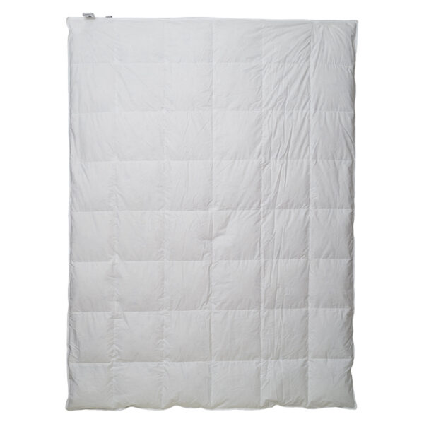 White quilted comforter laid flat on a white background, showing square stitching patterns