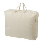 Beige fabric storage bag with two handles and a zipper along the right edge, standing upright.
